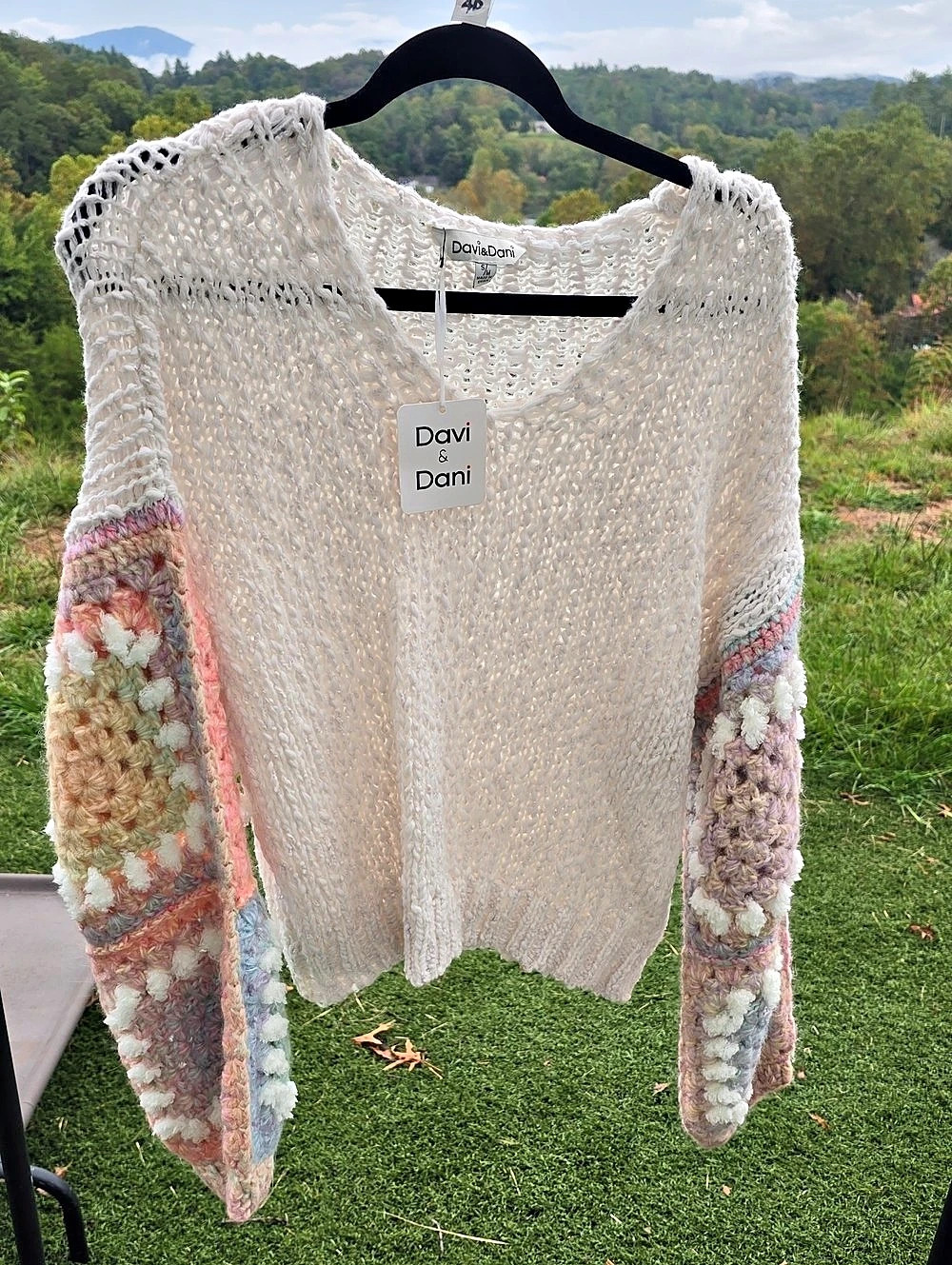 Davi & Dani Crochet Sleeve Granny Square Knit Sweater White & Pink Small/Medium